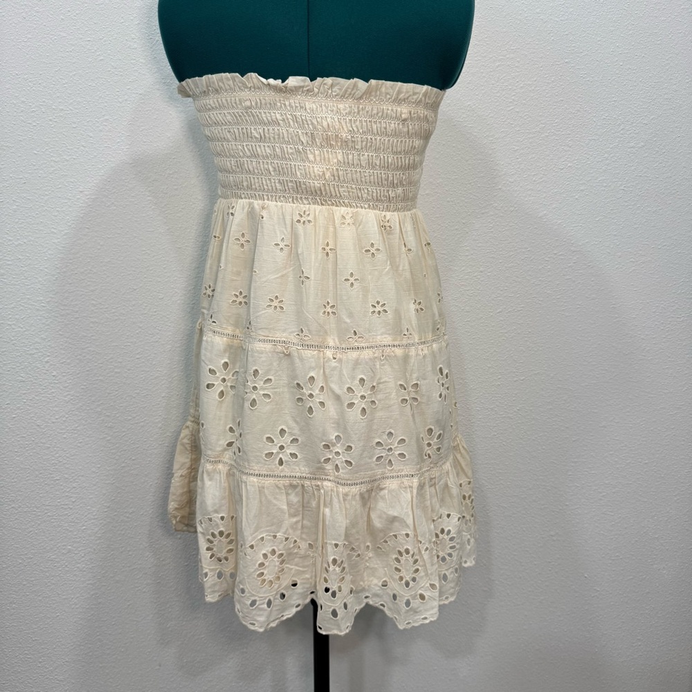 American Eagle Outfitters Cream Strapless Eyelet Dress - Picture 4 of 8